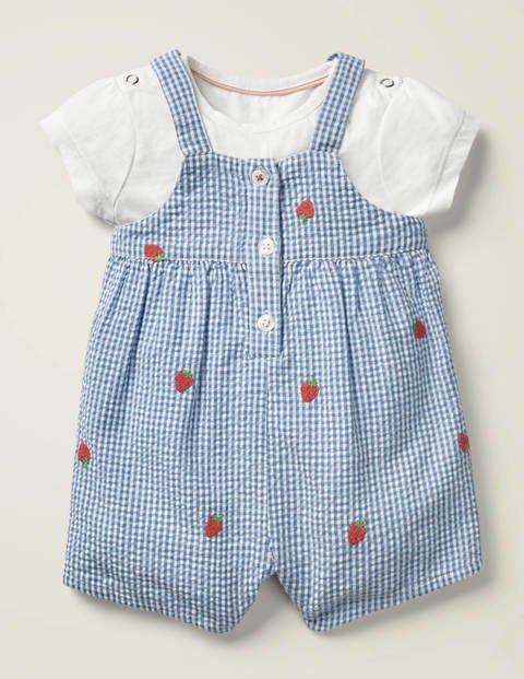 Embroidered Gingham Romper Set - Seascape Gingham Strawberries Embroidered Gingham Romper Set - Seascape Gingham Strawberries