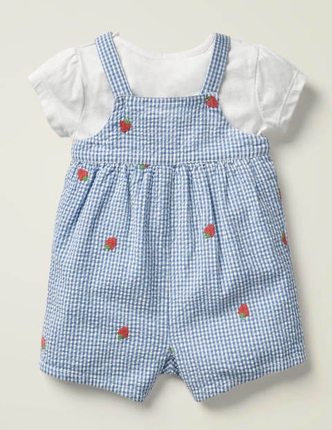 Embroidered Gingham Romper Set - Seascape Gingham Strawberries Embroidered Gingham Romper Set - Seascape Gingham Strawberries