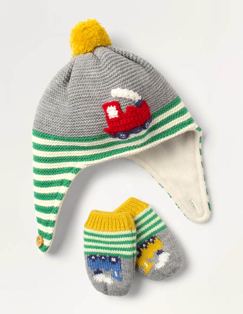 Babyset aus Mütze und Fäustlingen mit Zugmotiv - Grau Meliert Babyset aus Mütze und Fäustlingen mit Zugmotiv - Grau Meliert