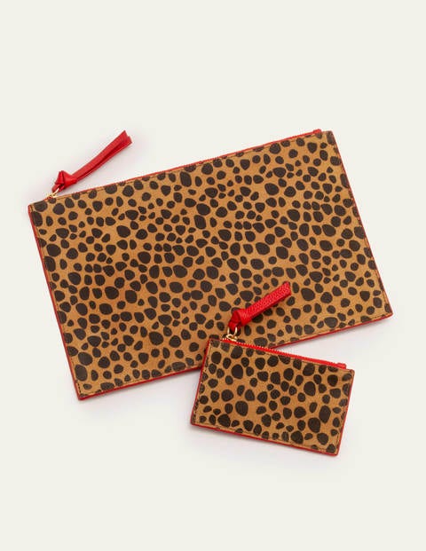 Leather Coin & Card Holder - Natural Cheetah/Red Leather Coin & Card Holder - Natural Cheetah/Red
