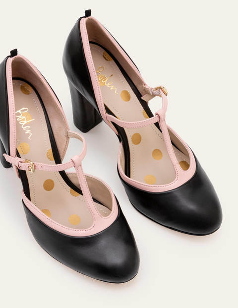 black t bar block heels