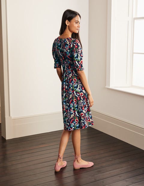 Lily Puff Sleeve Jersey Dress - Navy, Festival Swirl Lily Puff Sleeve Jersey Dress - Navy, Festival Swirl