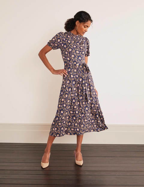 Flora Jerseykleid mit Puffärmeln - Navy, Wilde Brombeere Flora Jerseykleid mit Puffärmeln - Navy, Wilde Brombeere
