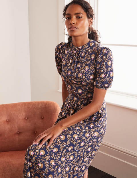 Flora Jerseykleid mit Puffärmeln - Navy, Wilde Brombeere Flora Jerseykleid mit Puffärmeln - Navy, Wilde Brombeere