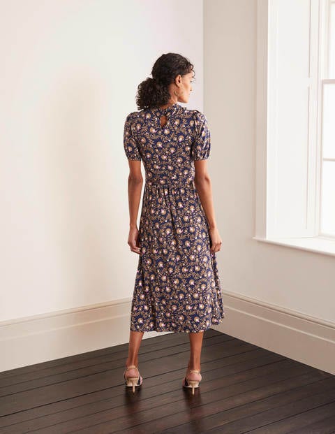 Flora Jerseykleid mit Puffärmeln - Navy, Wilde Brombeere Flora Jerseykleid mit Puffärmeln - Navy, Wilde Brombeere