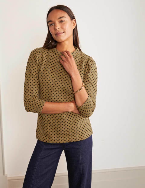 Aria Jersey Jacquard Top - Camel/Navy, Jacquard Spot Aria Jersey Jacquard Top - Camel/Navy, Jacquard Spot