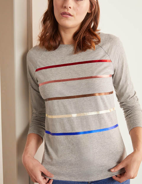 Lorna Baseball Jersey Tee - Grey Marl, Foil Stripe Lorna Baseball Jersey Tee - Grey Marl, Foil Stripe
