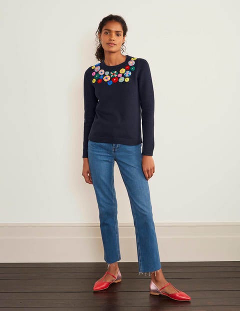 Derby Bestickter Pullover - Navy, Blumenstickerei Derby Bestickter Pullover - Navy, Blumenstickerei