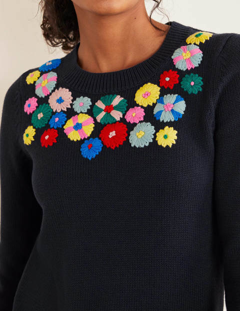 Derby Bestickter Pullover - Navy, Blumenstickerei Derby Bestickter Pullover - Navy, Blumenstickerei