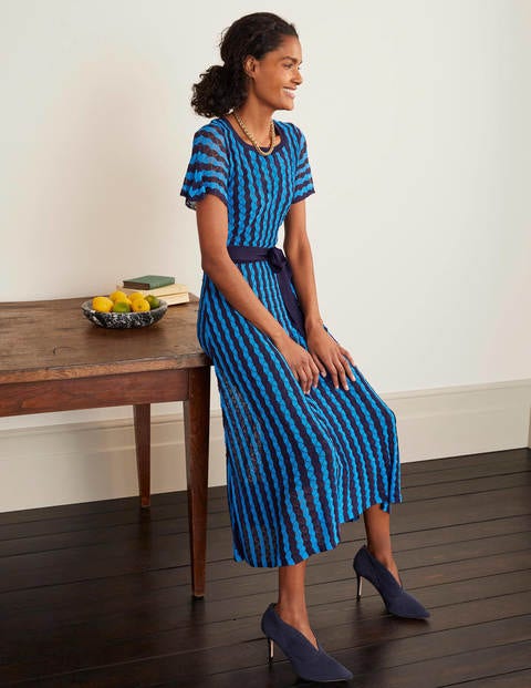 Rowan Pointelle Knitted Dress - Moroccan Blue and Navy Stripe Rowan Pointelle Knitted Dress - Moroccan Blue and Navy Stripe
