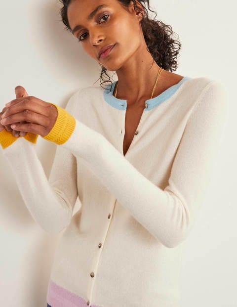 Cashmere Crew Cardigan - Ivory Colourblock Cashmere Crew Cardigan - Ivory Colourblock