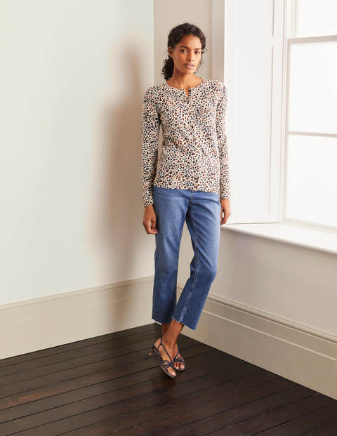 Cashmere Crew Cardigan - Ivory, Leopard Pop Cashmere Crew Cardigan - Ivory, Leopard Pop