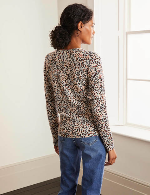 Cashmere Crew Cardigan - Ivory, Leopard Pop Cashmere Crew Cardigan - Ivory, Leopard Pop