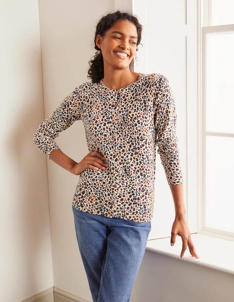Cashmere Crew Cardigan - Ivory, Leopard Pop Cashmere Crew Cardigan - Ivory, Leopard Pop