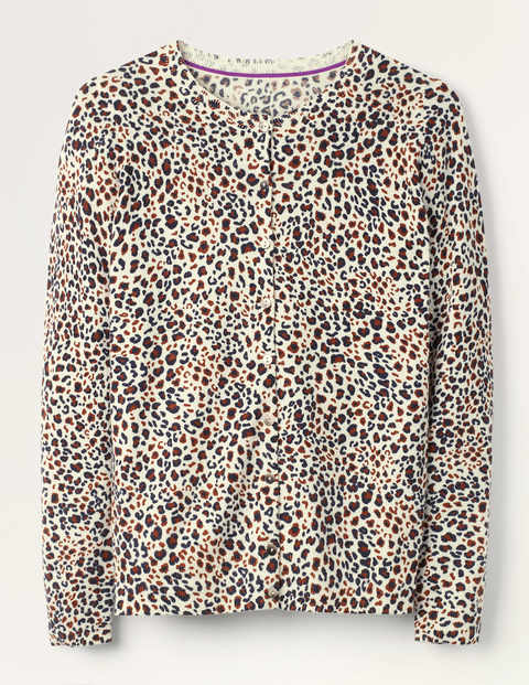 Cashmere Crew Cardigan - Ivory, Leopard Pop Cashmere Crew Cardigan - Ivory, Leopard Pop