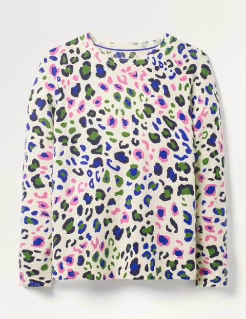 Pull col rond en cachemire - Ivoire, motif léopard pop Pull col rond en cachemire - Ivoire, motif léopard pop