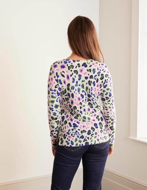 Cashmere V-neck Sweater - Ivory, Leopard Pop Cashmere V-neck Sweater - Ivory, Leopard Pop