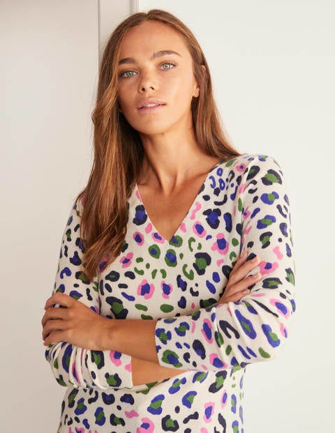 Cashmere V-neck Sweater - Ivory, Leopard Pop Cashmere V-neck Sweater - Ivory, Leopard Pop