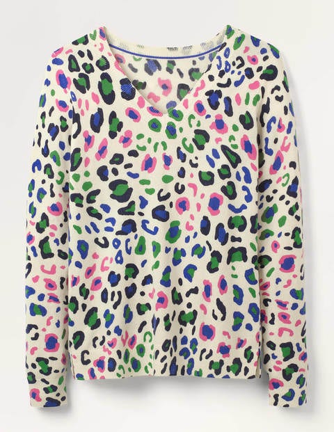 Cashmere V-neck Sweater - Ivory, Leopard Pop Cashmere V-neck Sweater - Ivory, Leopard Pop