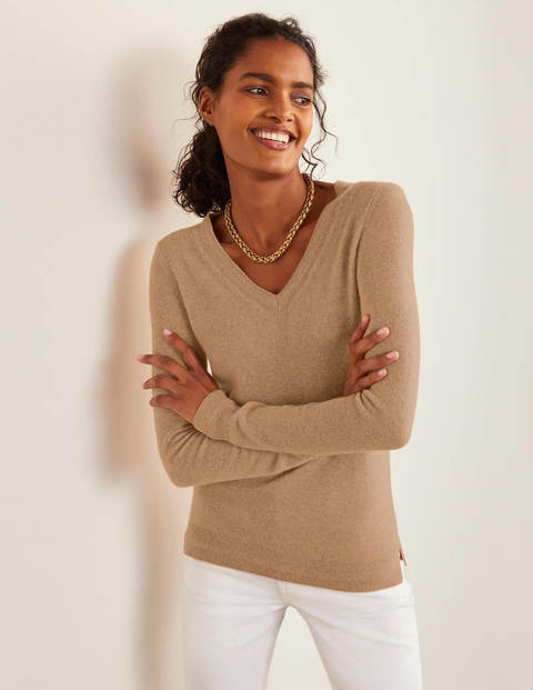 Cashmere V-neck Sweater - Camel Melange Cashmere V-neck Sweater - Camel Melange
