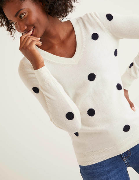 Cashmere V-neck Sweater - Ivory/Navy Spot Cashmere V-neck Sweater - Ivory/Navy Spot