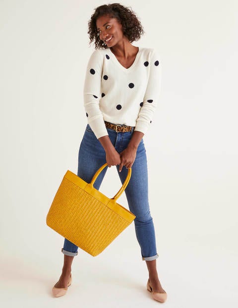 Cashmere V-neck Sweater - Ivory/Navy Spot Cashmere V-neck Sweater - Ivory/Navy Spot