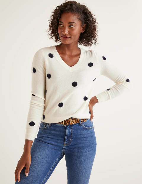 Cashmere V-neck Sweater - Ivory/Navy Spot Cashmere V-neck Sweater - Ivory/Navy Spot