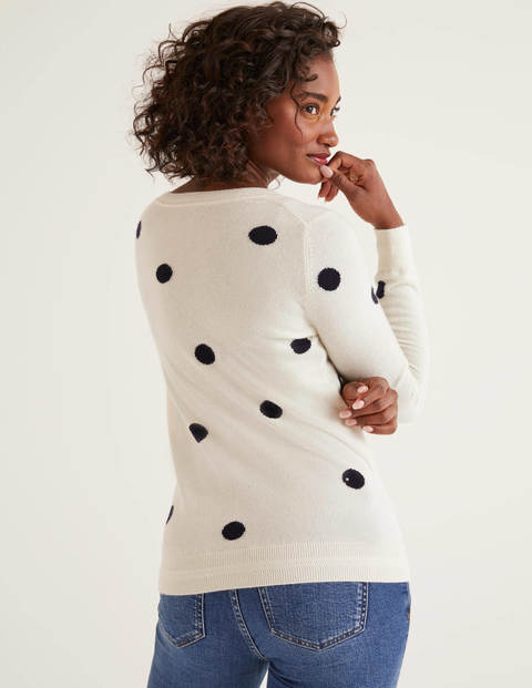 Cashmere V-neck Sweater - Ivory/Navy Spot Cashmere V-neck Sweater - Ivory/Navy Spot