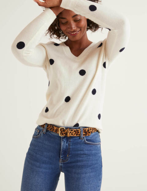 Kaschmirpullover mit V-Ausschnitt - Naturweiß/Navy, Getupft Kaschmirpullover mit V-Ausschnitt - Naturweiß/Navy, Getupft