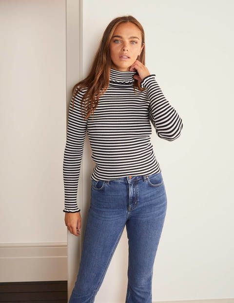 Rollkragenpullover aus Baumwolle mit Rüschen - Navy/Naturweiß, Gestreift Rollkragenpullover aus Baumwolle mit Rüschen - Navy/Naturweiß, Gestreift