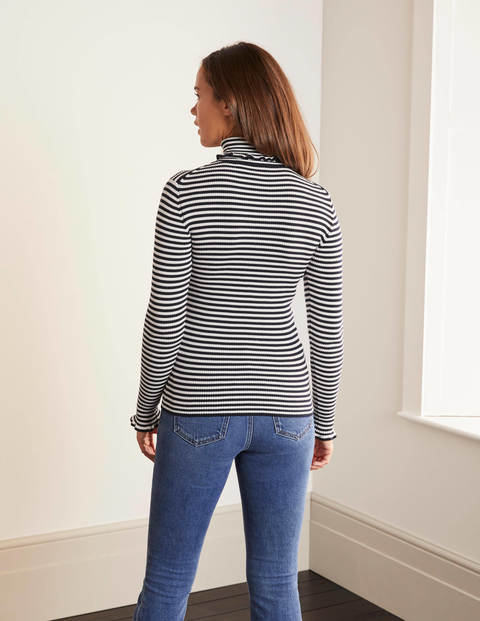 Rollkragenpullover aus Baumwolle mit Rüschen - Navy/Naturweiß, Gestreift Rollkragenpullover aus Baumwolle mit Rüschen - Navy/Naturweiß, Gestreift