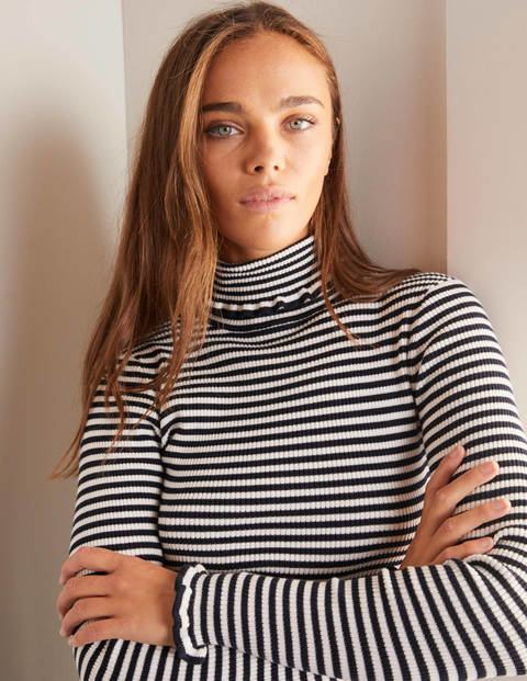Rollkragenpullover aus Baumwolle mit Rüschen - Navy/Naturweiß, Gestreift Rollkragenpullover aus Baumwolle mit Rüschen - Navy/Naturweiß, Gestreift