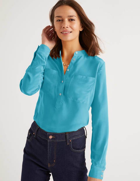 Silk Collarless Blouse - Lomond Blue Silk Collarless Blouse - Lomond Blue