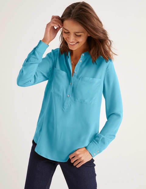 Silk Collarless Blouse - Lomond Blue Silk Collarless Blouse - Lomond Blue