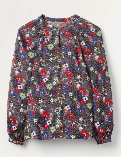 Kitty Smocked Neck Blouse - Pewter, Garden Meadow Kitty Smocked Neck Blouse - Pewter, Garden Meadow