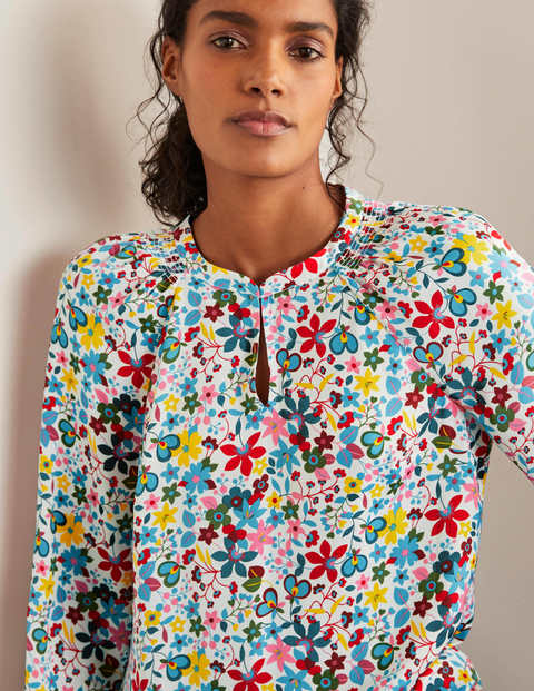Kitty Smocked Neck Blouse - Ivory, Garden Meadow Kitty Smocked Neck Blouse - Ivory, Garden Meadow