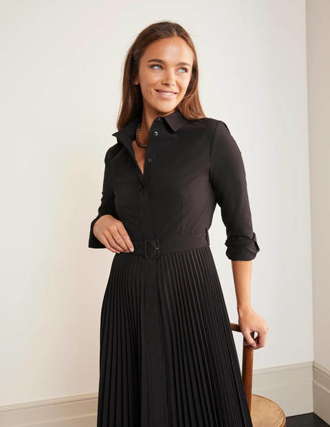 black pleated shirt dress