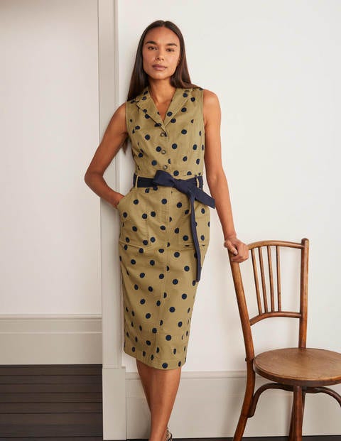 Edith Dress - Camel, Linear Spot Edith Dress - Camel, Linear Spot