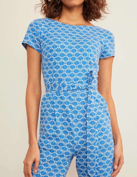 Tia Scoop Back Jersey Jumpsuit - Bold Blue, Deco Palm Tia Scoop Back Jersey Jumpsuit - Bold Blue, Deco Palm