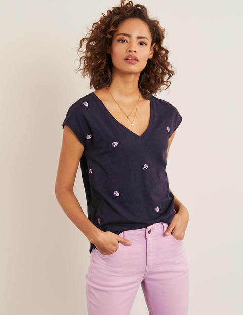 Robyn Embroidered V-neck Tee - Navy, Embroidered Stawberries