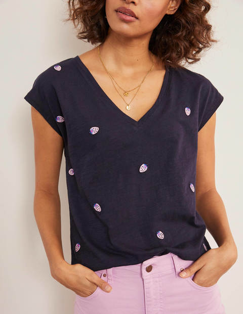 Robyn Embroidered V-Neck Tee - Navy, Embroidered Stawberries Robyn Embroidered V-Neck Tee - Navy, Embroidered Stawberries