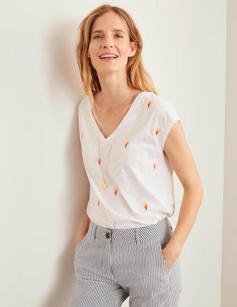 Robyn Embroidered V-Neck Tee - White, Embroidered Ice Creams Robyn Embroidered V-Neck Tee - White, Embroidered Ice Creams