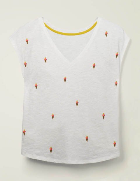 Robyn Embroidered V-Neck Tee - White, Embroidered Ice Creams Robyn Embroidered V-Neck Tee - White, Embroidered Ice Creams