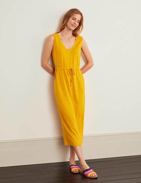 yellow linen midi dress