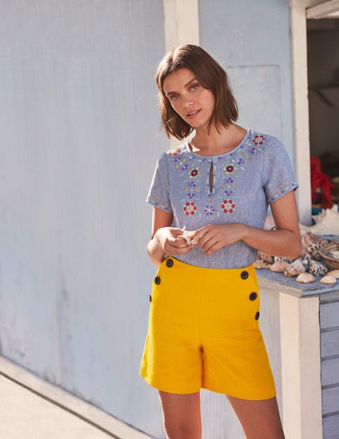 Laura Linen Embroidered Top - Chambray Laura Linen Embroidered Top - Chambray