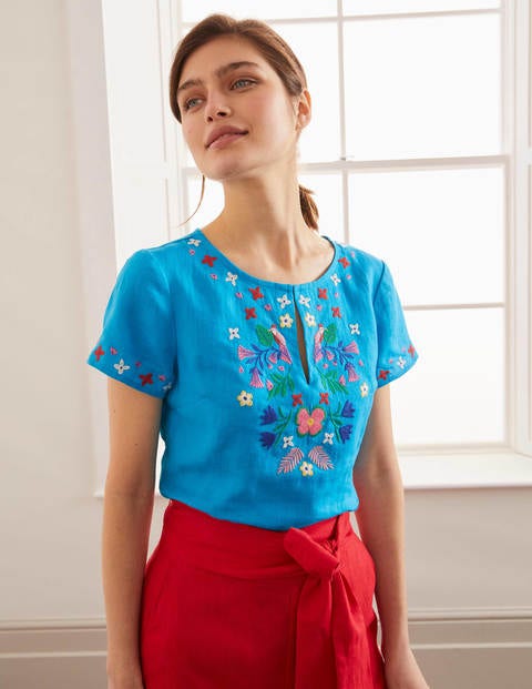 Laura Linen Embroidered Top - Blue Lagoon Laura Linen Embroidered Top - Blue Lagoon