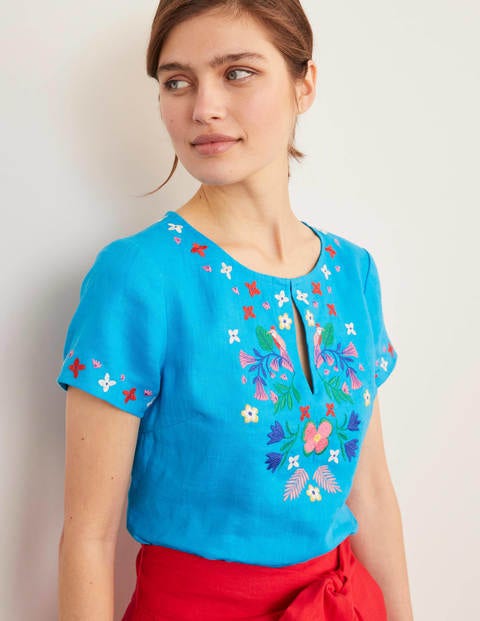 Laura Linen Embroidered Top - Blue Lagoon Laura Linen Embroidered Top - Blue Lagoon