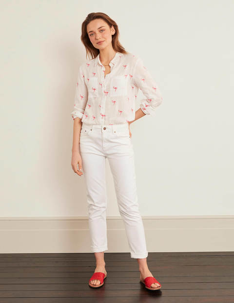Chemise brodée en lin - Blanc avec motif flamant rose Chemise brodée en lin - Blanc avec motif flamant rose