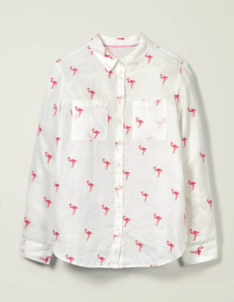 Chemise brodée en lin - Blanc avec motif flamant rose Chemise brodée en lin - Blanc avec motif flamant rose