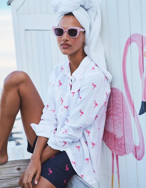 Embroidered Linen Shirt - White with Flamingo